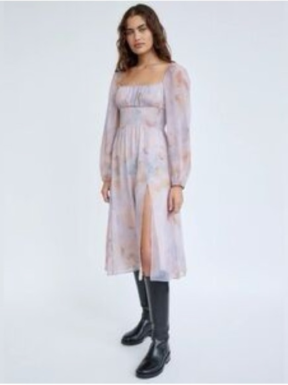 Aritzia Wilfred Bella Dress Beige Sz large Smocked Bodice High Slit Long Sleeve - Picture 14 of 15